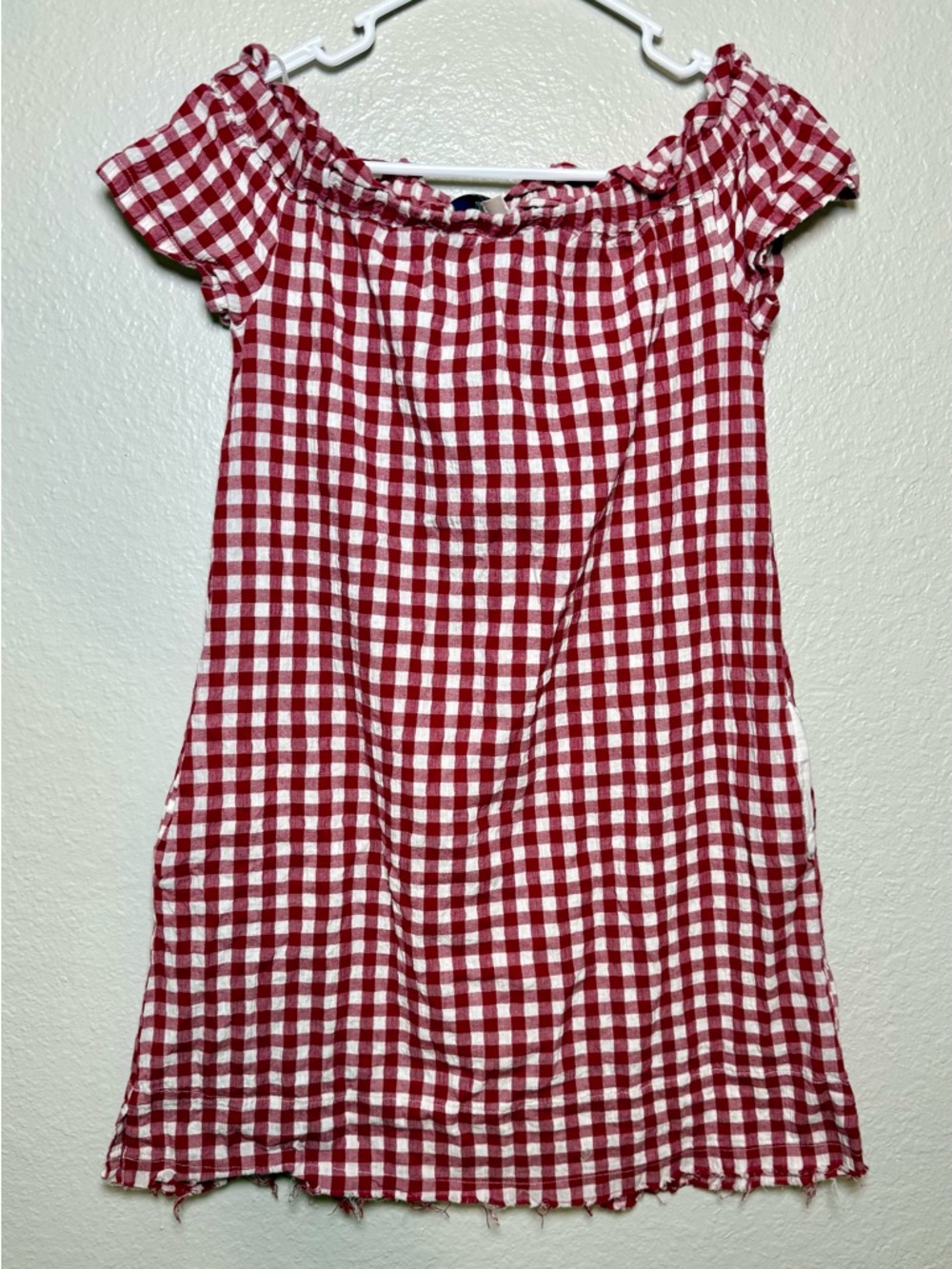 Blue Rain Off Shoulder Gingham Fit & Flare Dress Red White XS 100% Cotton